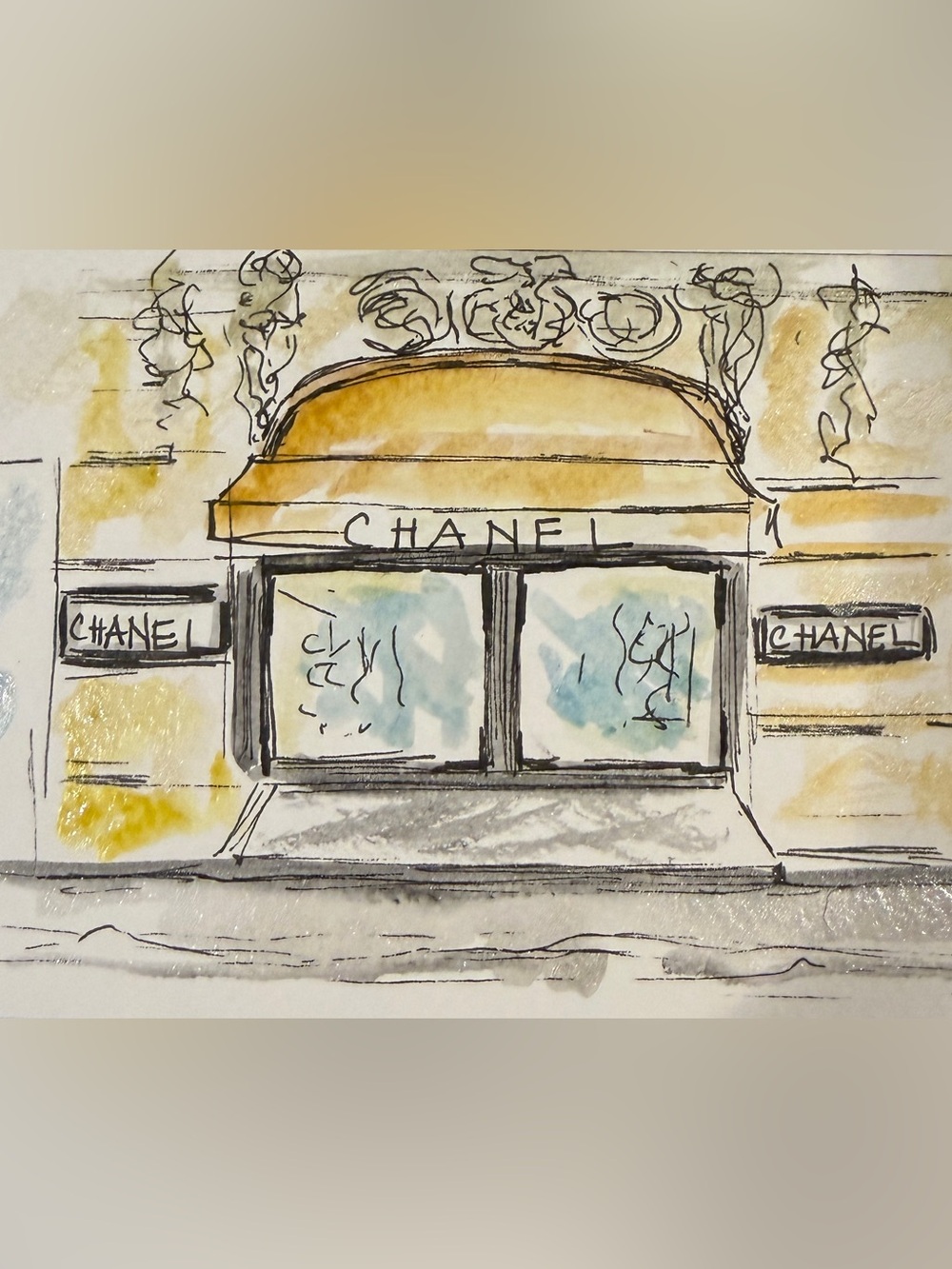 Chanel Boutique paris Watercolor illustration in Gold and Black